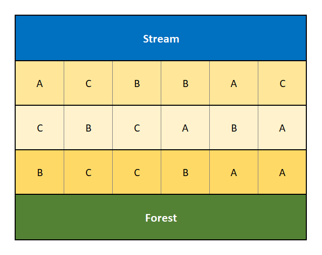 Diagram of a Randomized Complete Block Design that accounts for the confouding factors of a creek and forest.