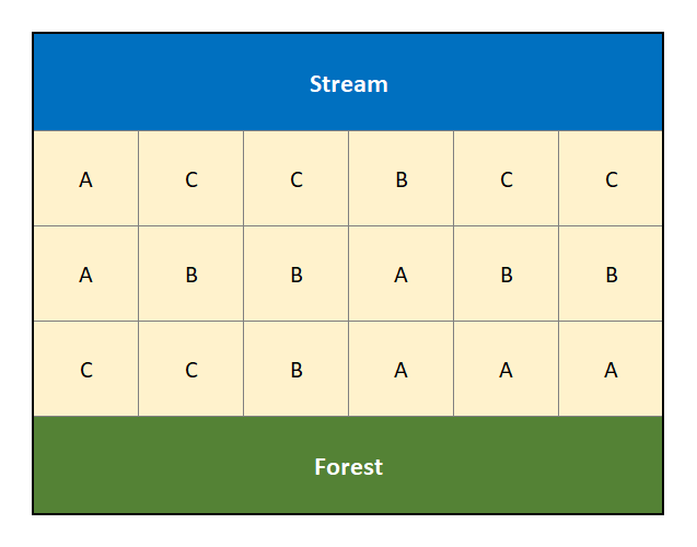 Randomized Design that attempts to account for the confouding factors of a creek and forest.
